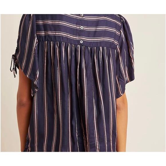 By Anthropologie Navy & Metallic Striped Tie Short Sleeve Peasant Blouse Top L - Picture 2 of 9